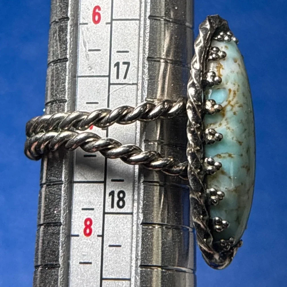 Vintage Silver Tone Oval Turquoise Adjustable Ring Rope Twist Design W‎ Germany